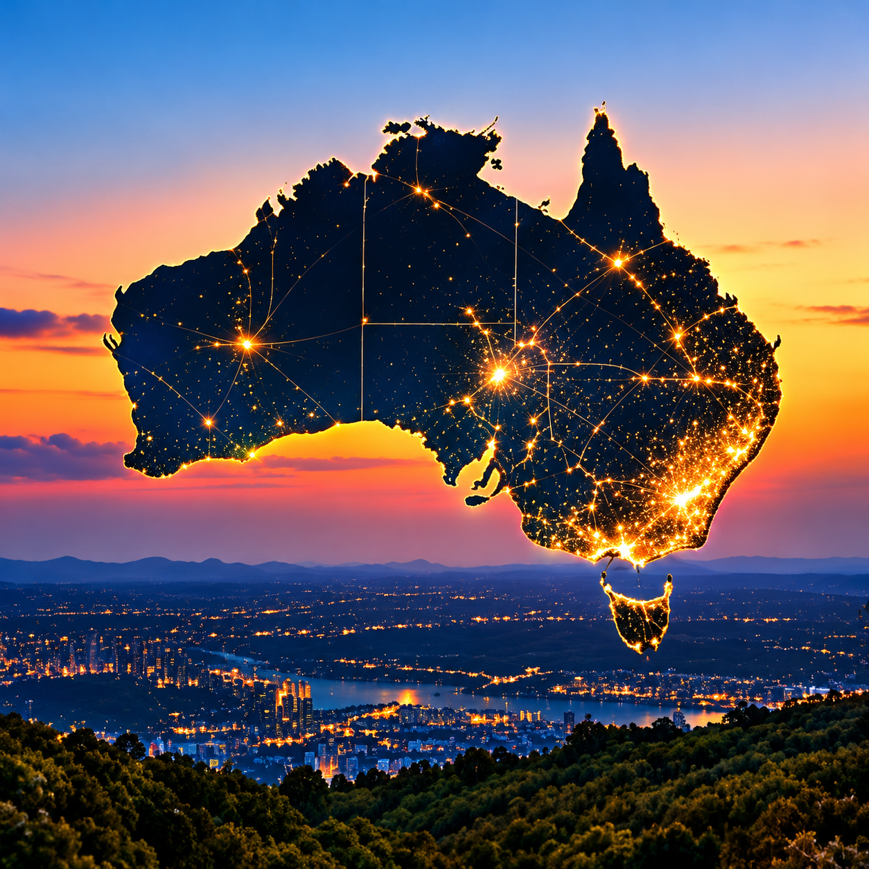 Illuminated map of Australia representing technology and business connections