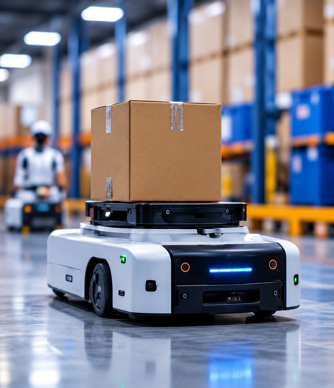Autonomous mobile robot delivering a package in a modern warehouse