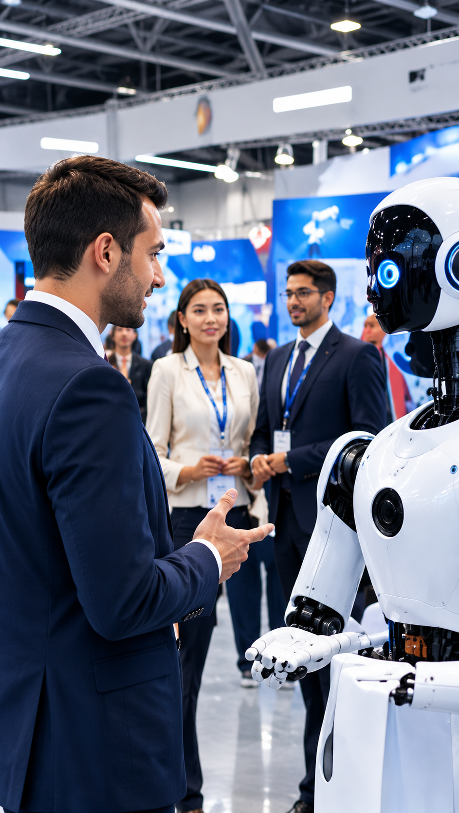 Business professionals meeting and interacting with a humanoid robot at a technology exhibition