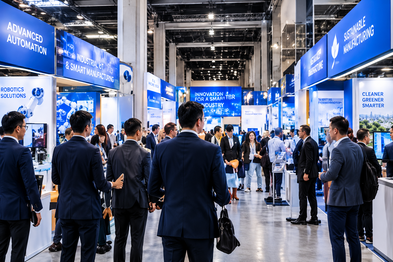 Visitors exploring robotics and technology exhibition booths at a trade show